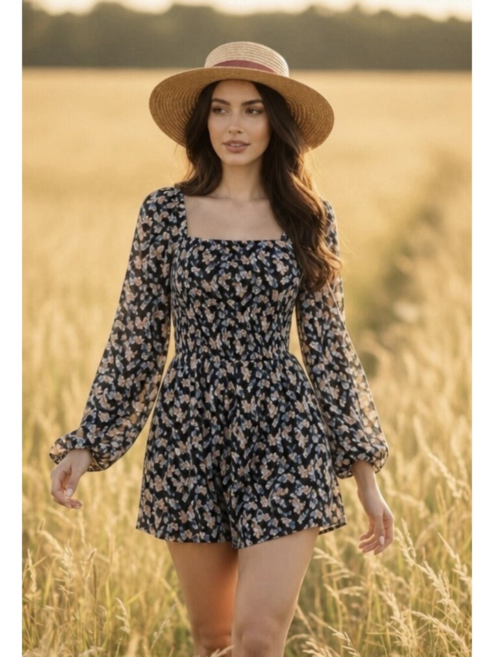 ABERCROMBIE & FITCH Women’s Smocked Floral Romper In Black-Size XS